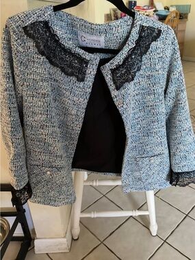 Christian Siriano Light Blue Tweed Jacket with Black Lace Trim